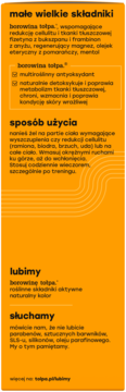 Zbliżenie na pomarańczową etykietę żelu Tołpa Dermo Body Gym. Biały tekst opisuje skład i użycie produktu.