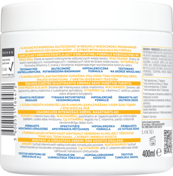 Mixa Niacinamide Bright krem 400ml, tył białego opakowania z etykietami, szczegółowy skład w wielu językach.