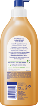 NIVEA Odżywczy balsam Cacao Nourish, tył bursztynowej butelki z pompką. Widoczne składniki i info o 72h nawilżeniu.