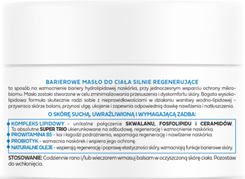 Bielenda Hydro Lipidium barierowe masło do ciała, tył białego słoika z informacją o składnikach dla skóry suchej.