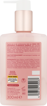 Tył jasnoróżowej butelki mydła Isana Glamorous Sparkle z białą pompką, etykietą, składnikami i kodem.