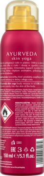 Tył bordowej butelki Bielenda Ayurveda Skin Yoga body mousse, 150ml, z białym tekstem i symbolem ognia.