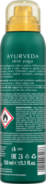 Tył zielonej butelki Bielenda Ayurveda Skin Yoga body mousse to oil 150ml, z etykietą i ostrzeżeniem.