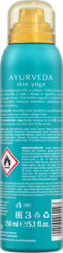 Tył turkusowego sprayu Bielenda Ayurveda Skin Yoga, olejek w piance, z złotym korkiem i symbolem zagrożenia. 150 ml.
