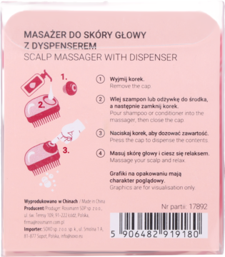 Tył różowego opakowania masażera do skóry głowy z dyspenserem. Instrukcje użycia, ilustracje i kod kreskowy.