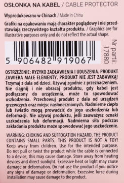 Tył jasnoróżowego opakowania osłonki na kabel z kodem kreskowym i ostrzeżeniami o małych częściach.