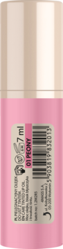 Tył różowego flakonika Brush UP! Ultra Care Tinted Lip Oil 01 Peony z beżową zakrętką, 7 ml, etykieta z kodem kreskowym.
