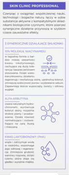 Szczegółowy opis składników serum Bielenda Skin Clinic Professional: niacynamid, alfa-arbutyna, kwas laktobionowy z ikonami.