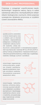 Bielenda Skin Clinic Professional serum leaflet. White card, pink sections. Text about ceramides, beta-glucan, amino acids for skin.
