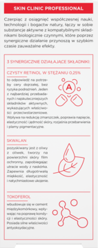 Etykieta serum Bielenda Skin Clinic Professional z retinolem 0.25%, skwalanem, tokoferolem; opis składu.