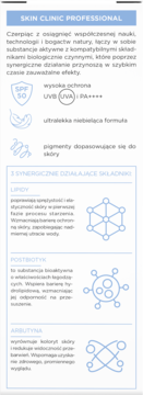 Panel z opisem kremu Bielenda Skin Clinic SPF 50: wysoka ochrona UVA/UVB, lipidy, postbiotyk, arbutyna.