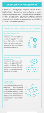 Bielenda Skin Clinic: panel składników serum-boostera. Wizualizacja D-pantenolu, peptydu miedziowego, alantoiny.