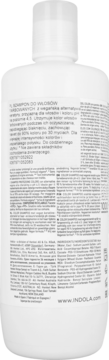 Indola Szampon Color do włosów farbowanych, biała butelka, tył z czytelnym składem wegańskim.