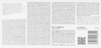 Tył opakowania Kuracji aktywującej cebulki włosów Indola. Widoczny drobny tekst, barcode i QR kod na białym tle.