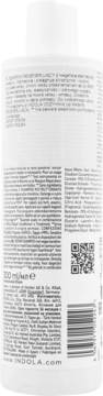 Tył białej butelki Indola szamponu regenerującego z wegańską keratyną. Etykieta ze składem, QR i kodem.