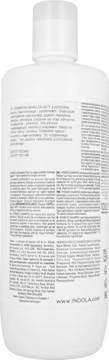 Tył białej butelki szamponu nawilżającego Indola z etykietą zawierającą instrukcje i składniki produktu.