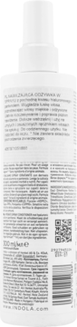 Tył białej butelki Indola Hydrate 200 ml odżywki w sprayu, z czytelnym tekstem w kilku językach i kodem QR.