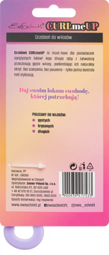 Tył różowo-fioletowego opakowania grzebienia Ewa Schmitt CURLmeUP. Opis dla włosów kręconych, gęstych, długich, kod kreskowy.