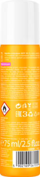 Tył pomarańczowo-żółtego sprayu Bielenda Recharge mgiełka do twarzy SPF 50, z tekstem, kodem kreskowym i objętością 75 ml.