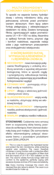 Panel informacyjny Bielenda Cera Lipidium: opis kremu SPF50, białe tło, żółte nagłówki, polski i angielski tekst.