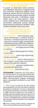 Multiceramidowe Serum Barierowe, pełny opis produktu w języku polskim i angielskim, widok etykiety z bliska.