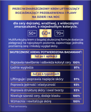 Tył fioletowego opakowania kremu Bielenda Egzosomy, dane o skuteczności liftingu i nawilżenia cery, 50+/60+/70+.