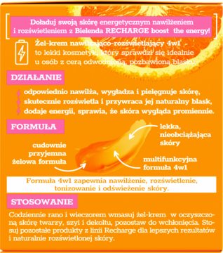 Pomarańczowo-różowe opakowanie Bielenda RECHARGE żel-kremu nawilżająco-rozświetlającego 4w1, widok na opis cech.