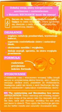 Tył pomarańczowego opakowania serum Bielenda RECHARGE. Widoczne szczegóły działania, formuły i sposobu użycia.