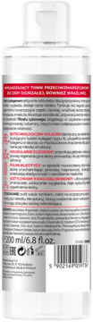 Tył butelki toniku Bielenda Kolagenowy Stymulator Młodości, z opisem działania, składnikami aktywnymi i kodem EAN.