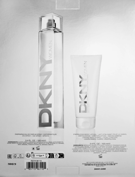 Tył zestawu DKNY Woman: przeźroczysta butelka wody perfumowanej i biała tubka balsamu do ciała, widoczne etykiety ze składnikami.