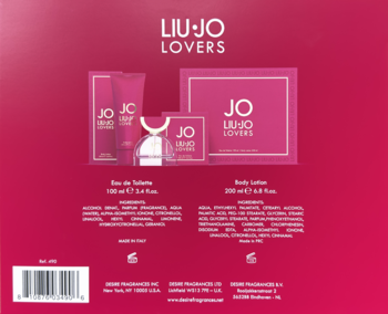 Tył różowego zestawu Liu Jo Lovers Jo: woda toaletowa, balsam, kosmetyczka, lista składników, EAN.
