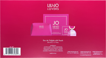 Tył fuksjowego opakowania zestawu Liu Jo Lovers Jo: woda toaletowa 50ml z kosmetyczką i owocowymi nutami.