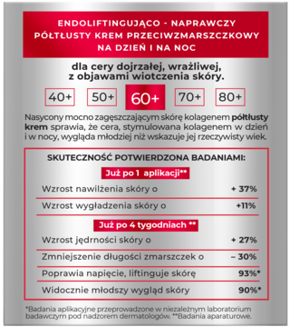 Biała karta produktu kremu przeciwzmarszczkowego Bielenda 60+, z danymi o nawilżeniu, jędrności i redukcji zmarszczek.