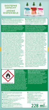 Tył butelki odświeżacza powietrza w aerozolu 228 ml, z zieloną etykietą, tekstem instrukcji i ikoną łatwopalności.