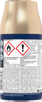 Tył złoto-granatowej puszki Glade automatic spray, odświeżacza powietrza, z etykietami ostrzegawczymi, 269 ml.