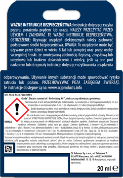 Tył opakowania wkładu Glade do elektrycznego odświeżacza powietrza, z ważnymi instrukcjami i składem produktu, 20 ml.