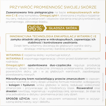 Ulotka kremu Christian Laurent Luminosité: opis działania, składniki aktywne, obietnica 96% gładszej skóry.