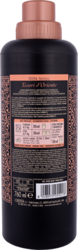 Tył czarnej butelki Tesori d'Oriente Hammam koncentratu do płukania, 760 ml, z olejkiem arganowym i kwiatem pomarańczy.
