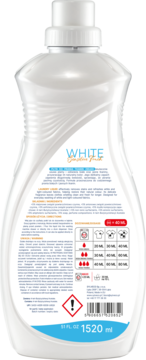 Tył białej butelki płynu do prania tkanin White Sensitive Touch, 1520 ml, z instrukcją dozowania.