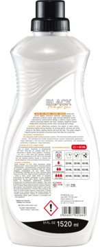 Tył białej butelki płynu ZIELKO MIDNIGHT DEW 1520ml do prania czarnych tkanin, z etykietą i symbolami prania.