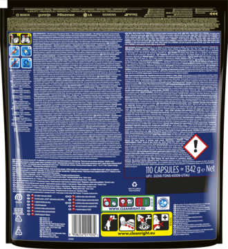 Tył opakowania Finish Ultimate Plus 110 cytrynowych kapsułek do zmywarki, z tekstem i ostrzeżeniami.