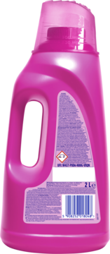 Tylny widok różowej butelki Vanish Oxi Action Pink 2L. Płyn do odplamiania z etykietą, kodem i uchwytem.