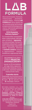 Tył różowego opakowania Eveline Lab Formula: krem przeciwzmarszczkowy z CICA Exosome i instrukcjami użycia.