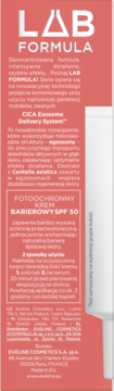 Karton kremu Eveline Lab Formula SPF 50 w koralowym kolorze, widok boku z tekstem opisującym produkt.