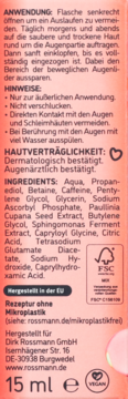 Tył opakowania serum pod oczy Isana 15ml z kofeiną i guaraną, czytelna lista składników w j. niemieckim.