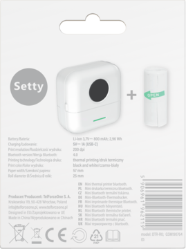 Tył opakowania mini drukarki termicznej Setty Bluetooth 4.0, z białym urządzeniem i rolką papieru termicznego.