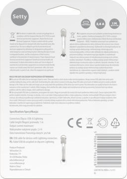 Tył opakowania kabla USB-A Lightning Setty z dekoracyjnymi koralikami; widoczne parametry 2,4A i kod kreskowy.