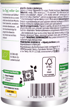Tył puszki wegańskiego dania z ciecierzycą, marchwią i mlekiem kokosowym. Widoczne etykiety, QR i składniki.