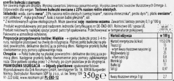 Tył opakowania wegańskich bułeczek enerBIO z ziarnami 350g, z tabelą wartości odżywczych i listą składników.