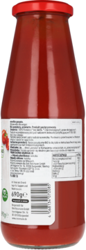 Tył butelki EnerBiO Passata Pomidorowa 690g, baza zup i sosów. Czerwona zakrętka, biała etykieta z kodem kreskowym.